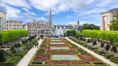 Brussels skyline and City hall tower, Belgium